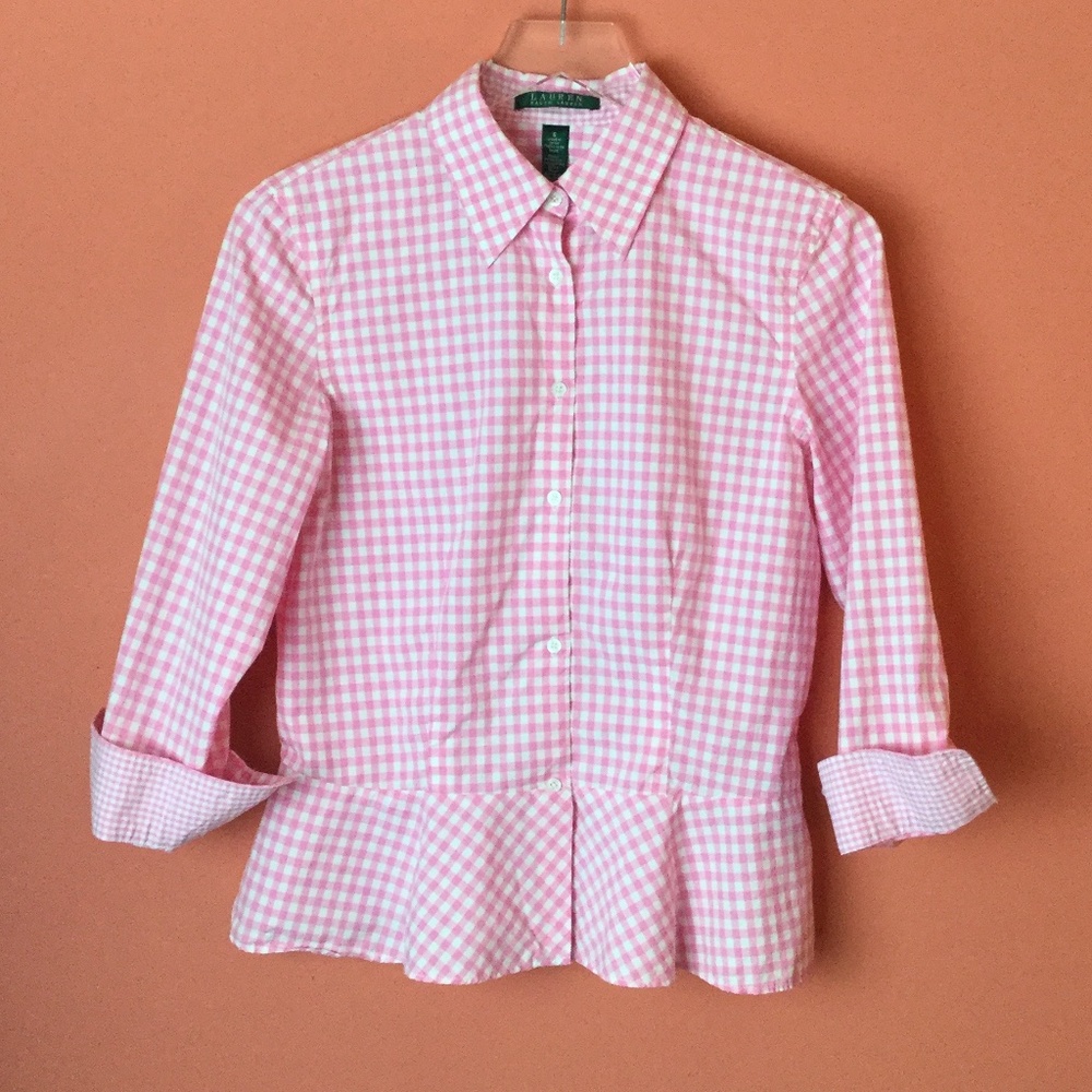 LAUREN RALPH LAUREN PINK WHITE PEPLUM TOP